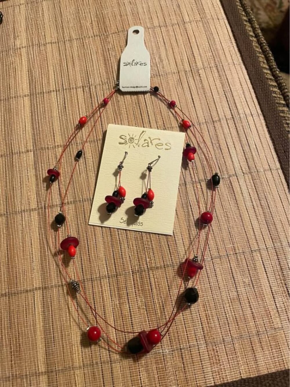 Solares Red Black Sea Glass Multi Strand Necklace Dangle Earrings Set NWT